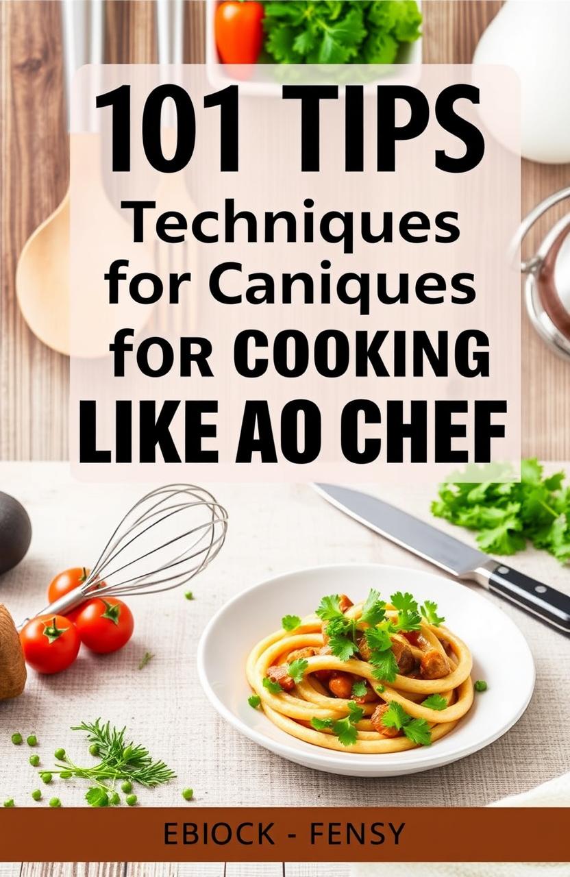 A professionally designed eBook cover for '101 Tips and Techniques for Cooking Like a Chef', featuring a sleek and modern design