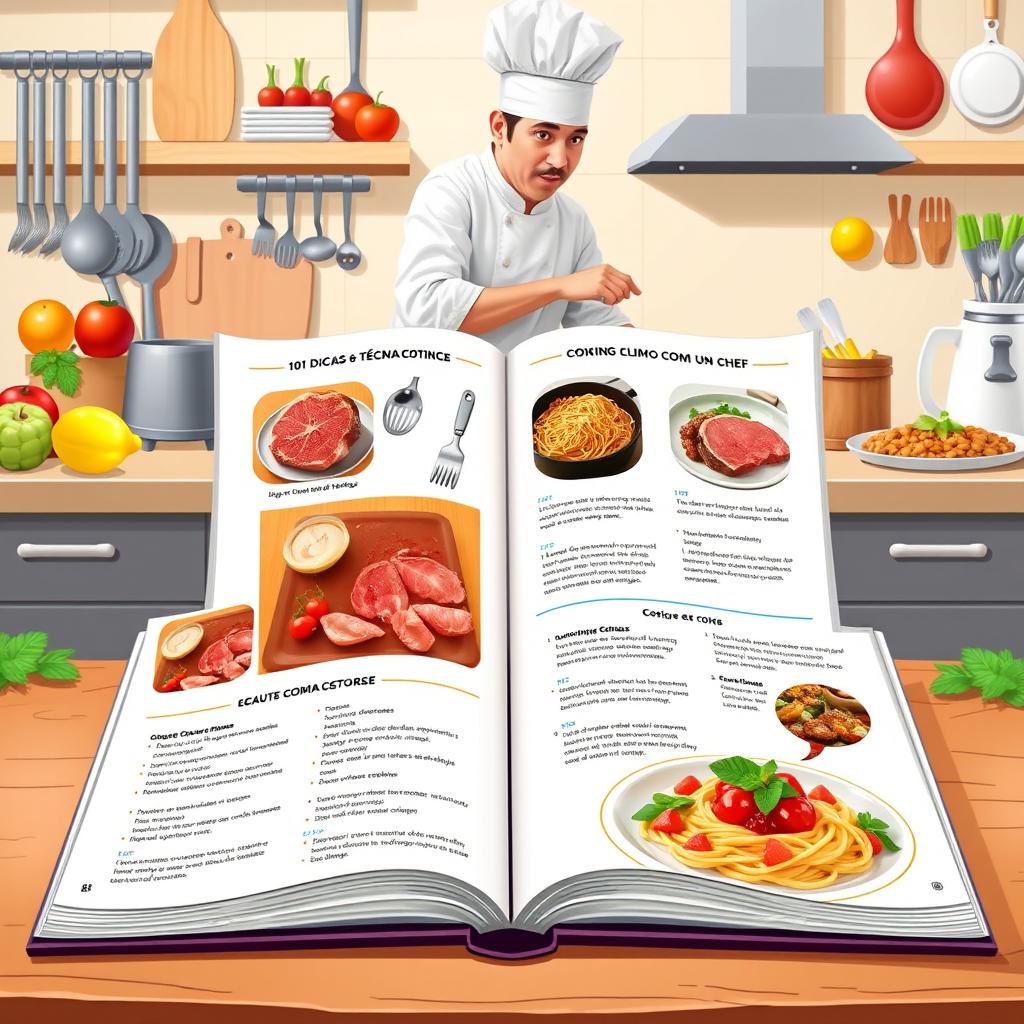 An illustration of an open eBook titled "101 Dicas e Técnicas para Cozinhar como um Chef", with pages visible showing vibrant images of cooking techniques, kitchen utensils, and beautifully plated dishes
