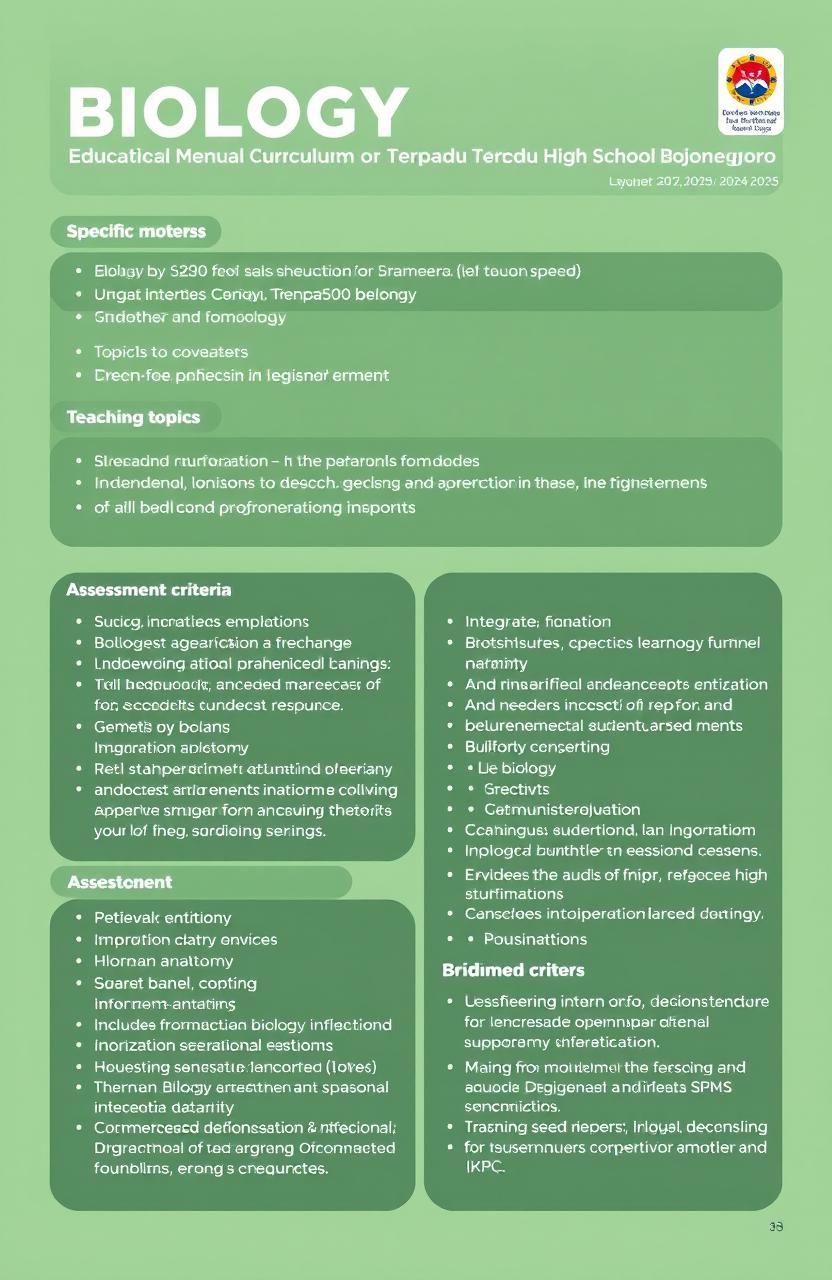 A detailed educational curriculum layout for Biology for the even semester of the 2024/2025 academic year at Terpadu High School Bojonegoro