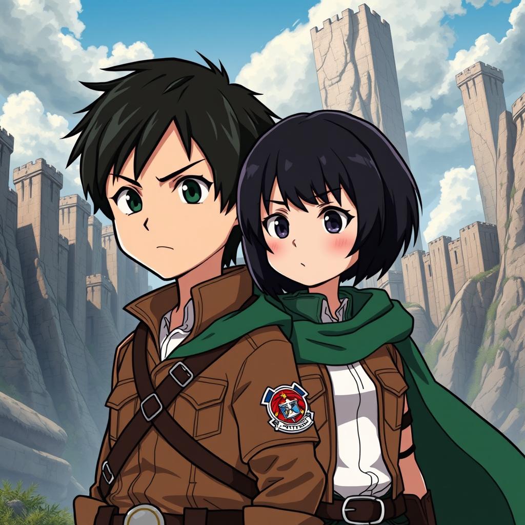 A cartoon-style image inspired by the anime 'Attack on Titan', depicting a young boy with short to medium length black hair and a slight beard, alongside a girl with black hair and a beauty mark on her cheek
