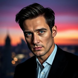 A portrait of Matthias Von Herhardt, a confident and charismatic man in his mid-30s, with sharp features and slightly tousled dark hair