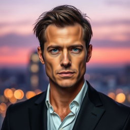 A portrait of Matthias Von Herhardt, a confident and charismatic man in his mid-30s, with sharp features and slightly tousled dark hair