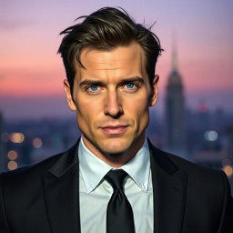 A portrait of Matthias Von Herhardt, a confident and charismatic man in his mid-30s, with sharp features and slightly tousled dark hair