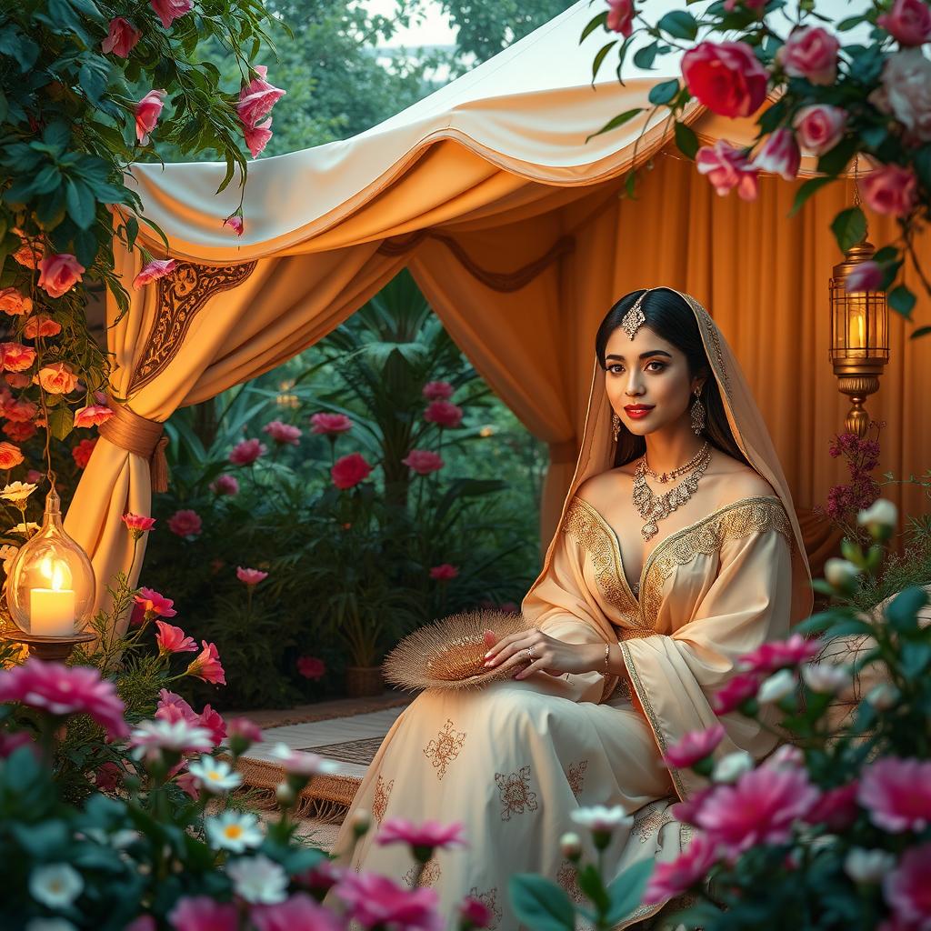 A beautiful and ethereal scene set in a lush garden filled with vibrant flowers and greenery, featuring exquisite houris (beautiful maidens) in elegant attire, gracefully residing within luxurious tents