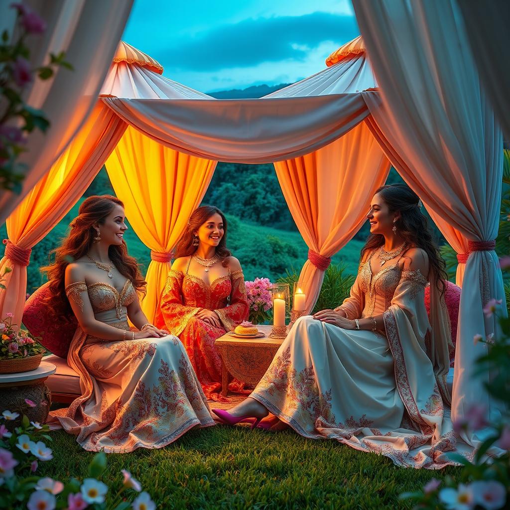 A stunning and enchanting scene of houris (beautiful maidens) in luxurious tents set within a lush, verdant landscape