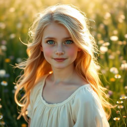 A portrait of Leyla Llewellyn, a beautiful girl with striking emerald green eyes and flowing golden blonde hair
