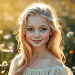 A portrait of Leyla Llewellyn, a beautiful girl with striking emerald green eyes and flowing golden blonde hair