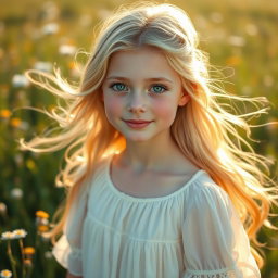 A portrait of Leyla Llewellyn, a beautiful girl with striking emerald green eyes and flowing golden blonde hair