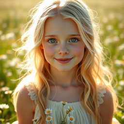 A portrait of Leyla Llewellyn, a beautiful girl with striking emerald green eyes and flowing golden blonde hair