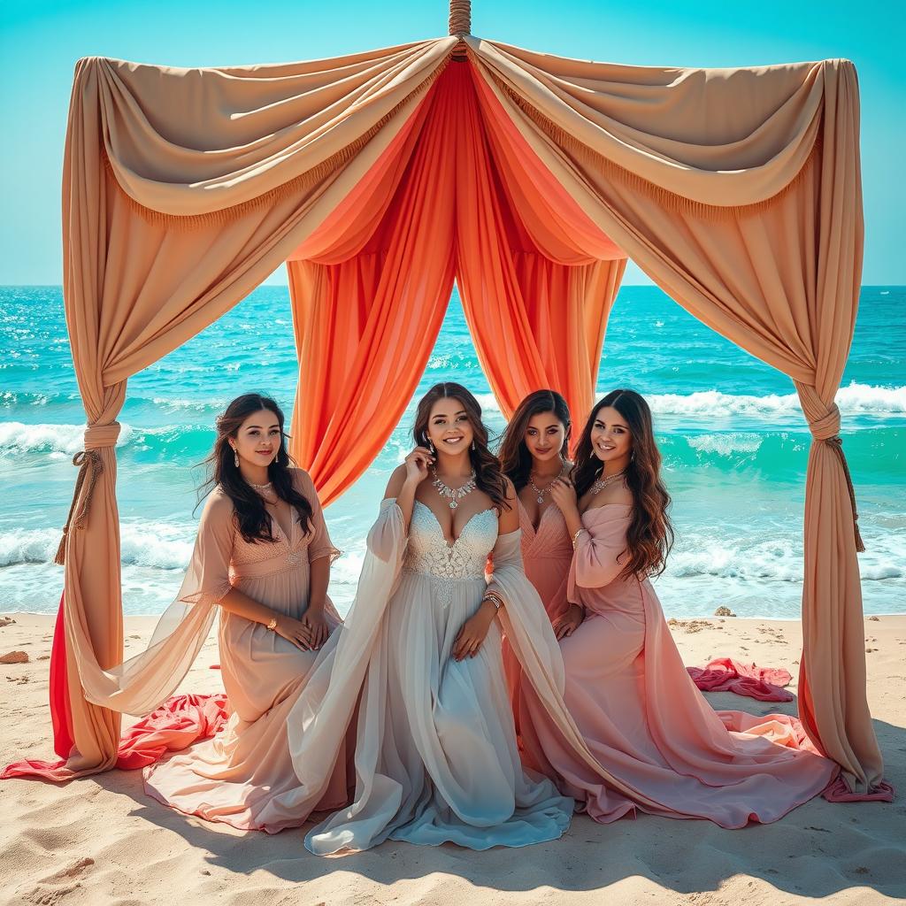 A mesmerizing scene of beautiful houris (maidens) inside luxurious tents set against a backdrop of stunning ocean waves
