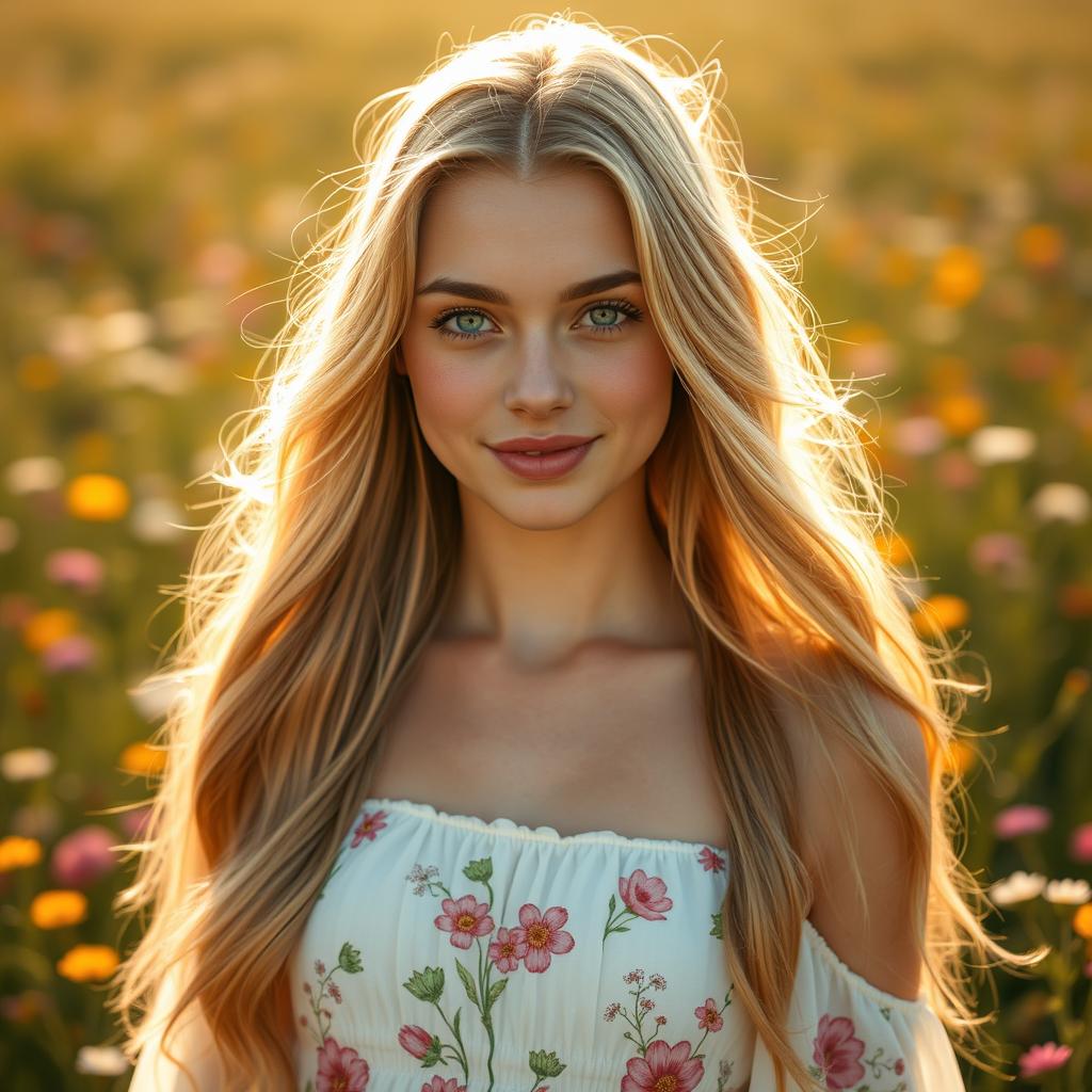 A portrait of Leyla Llewellyn, a beautiful 19-year-old woman with mesmerizing emerald green eyes and long, flowing golden blonde hair