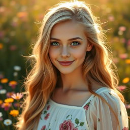 A portrait of Leyla Llewellyn, a beautiful 19-year-old woman with mesmerizing emerald green eyes and long, flowing golden blonde hair