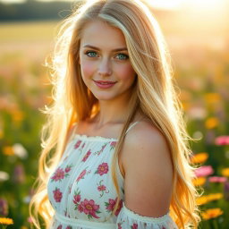 A portrait of Leyla Llewellyn, a beautiful 19-year-old woman with mesmerizing emerald green eyes and long, flowing golden blonde hair