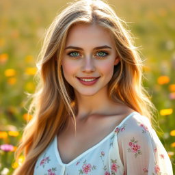 A portrait of Leyla Llewellyn, a beautiful 19-year-old woman with mesmerizing emerald green eyes and long, flowing golden blonde hair