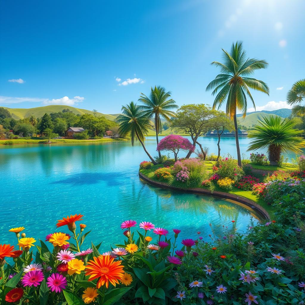 A stunning, serene landscape of a lush paradise, featuring vibrant colors of blooming flowers and rich greenery