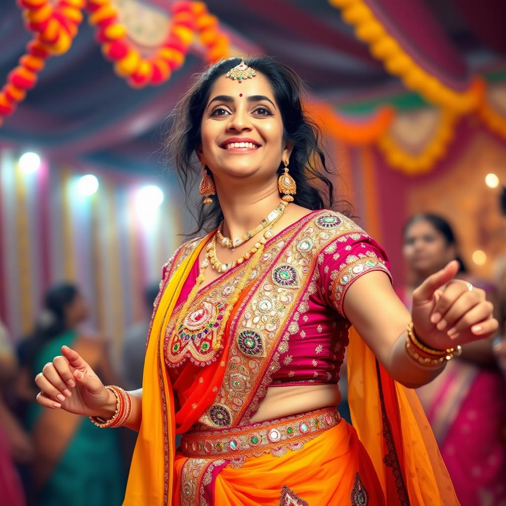 A vibrant portrayal of an Indian aunty dressed in an elegant Navratri choli, adorned with intricate mirror work and colorful embroidery