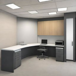 Interior view of a compact real estate office in a 7.5 foot wide and 20 foot deep space, featuring an L-shaped counter and essential office furniture