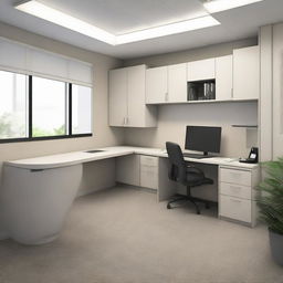 Interior view of a compact real estate office in a 7.5 foot wide and 20 foot deep space, featuring an L-shaped counter and essential office furniture