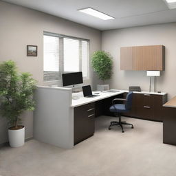 Interior view of a compact real estate office in a 7.5 foot wide and 20 foot deep space, featuring an L-shaped counter and essential office furniture