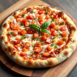 A delicious pizza featuring a zesty medley of fresh, chopped onions, juicy tomatoes, and vibrant green and red capsicum