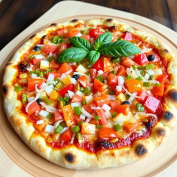 A delicious pizza featuring a zesty medley of fresh, chopped onions, juicy tomatoes, and vibrant green and red capsicum