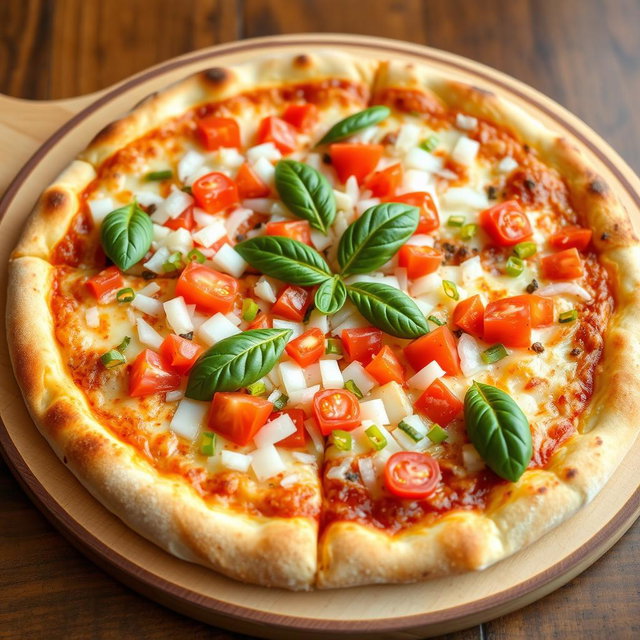 A delicious pizza featuring a zesty medley of fresh, chopped onions, juicy tomatoes, and vibrant green and red capsicum