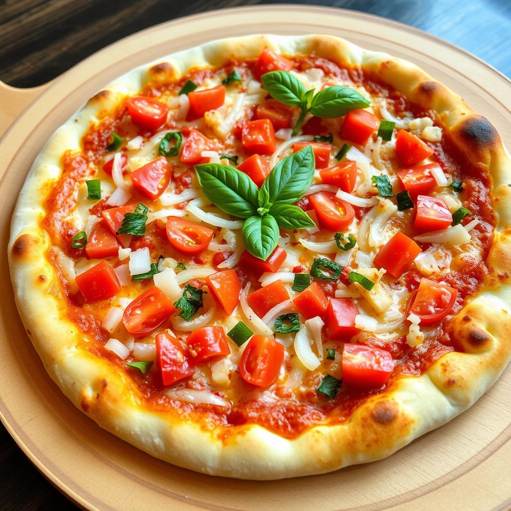 A delicious pizza featuring a zesty medley of fresh, chopped onions, juicy tomatoes, and vibrant green and red capsicum