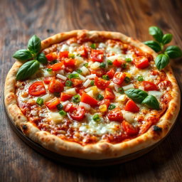 A mouth-watering pizza featuring a zesty medley of fresh, diced onions, juicy tomatoes, and vibrant green and red capsicum, all layered generously on a crispy, golden cheesy crust