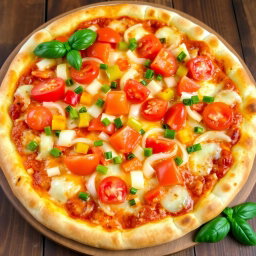 A mouth-watering pizza featuring a zesty medley of fresh, diced onions, juicy tomatoes, and vibrant green and red capsicum, all layered generously on a crispy, golden cheesy crust