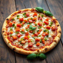 A mouth-watering pizza featuring a zesty medley of fresh, diced onions, juicy tomatoes, and vibrant green and red capsicum, all layered generously on a crispy, golden cheesy crust