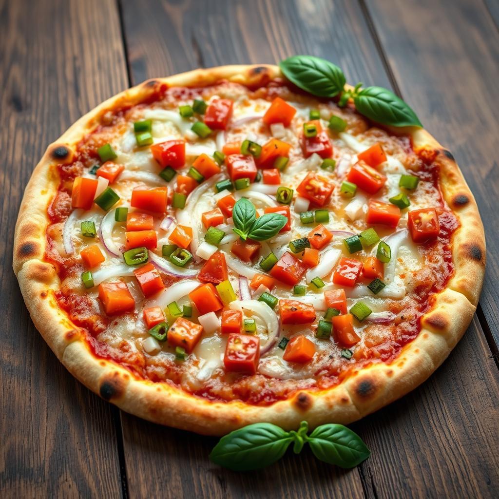 A mouth-watering pizza featuring a zesty medley of fresh, diced onions, juicy tomatoes, and vibrant green and red capsicum, all layered generously on a crispy, golden cheesy crust