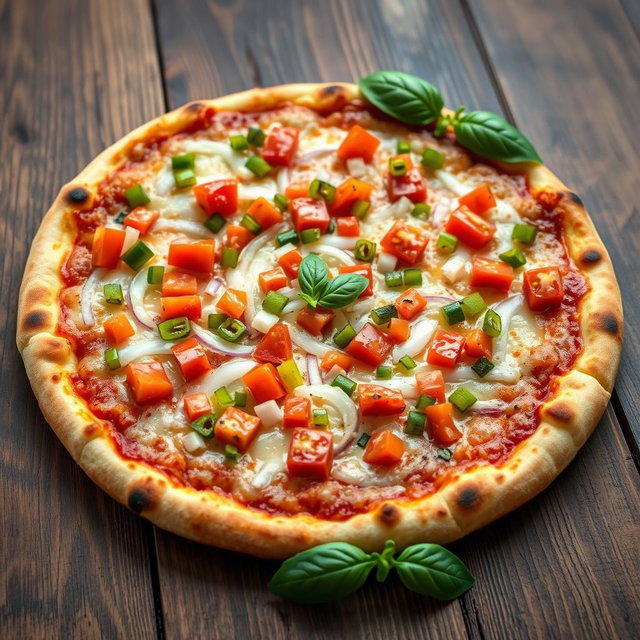 A mouth-watering pizza featuring a zesty medley of fresh, diced onions, juicy tomatoes, and vibrant green and red capsicum, all layered generously on a crispy, golden cheesy crust