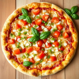 A mouth-watering pizza featuring a zesty medley of fresh, diced onions, juicy tomatoes, and vibrant green and red capsicum, all layered generously on a crispy, golden cheesy crust