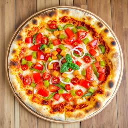 An appetizing pizza featuring a zesty medley of fresh, diced onions, ripe tomatoes, and vibrant green and red capsicum, all expertly arranged on a crispy, cheesy crust that is golden brown and bubbling with melted cheese