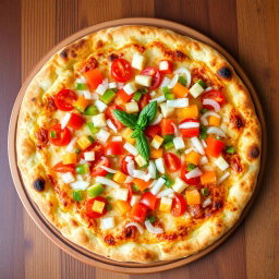 An appetizing pizza featuring a zesty medley of fresh, diced onions, ripe tomatoes, and vibrant green and red capsicum, all expertly arranged on a crispy, cheesy crust that is golden brown and bubbling with melted cheese