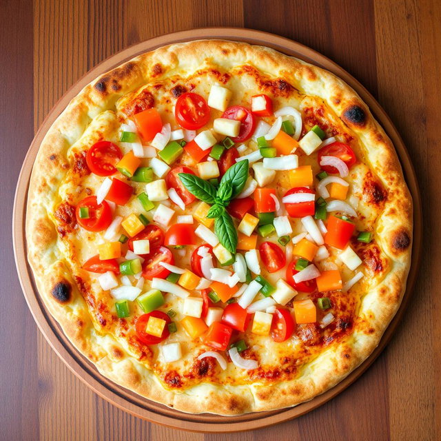 An appetizing pizza featuring a zesty medley of fresh, diced onions, ripe tomatoes, and vibrant green and red capsicum, all expertly arranged on a crispy, cheesy crust that is golden brown and bubbling with melted cheese