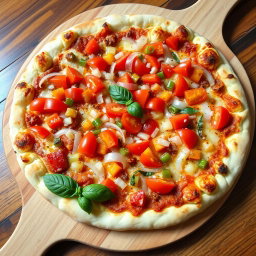 An appetizing pizza featuring a zesty medley of fresh, diced onions, ripe tomatoes, and vibrant green and red capsicum, all expertly arranged on a crispy, cheesy crust that is golden brown and bubbling with melted cheese