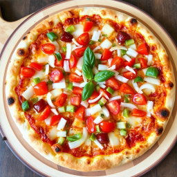 An appetizing pizza featuring a zesty medley of fresh, diced onions, ripe tomatoes, and vibrant green and red capsicum, all expertly arranged on a crispy, cheesy crust that is golden brown and bubbling with melted cheese