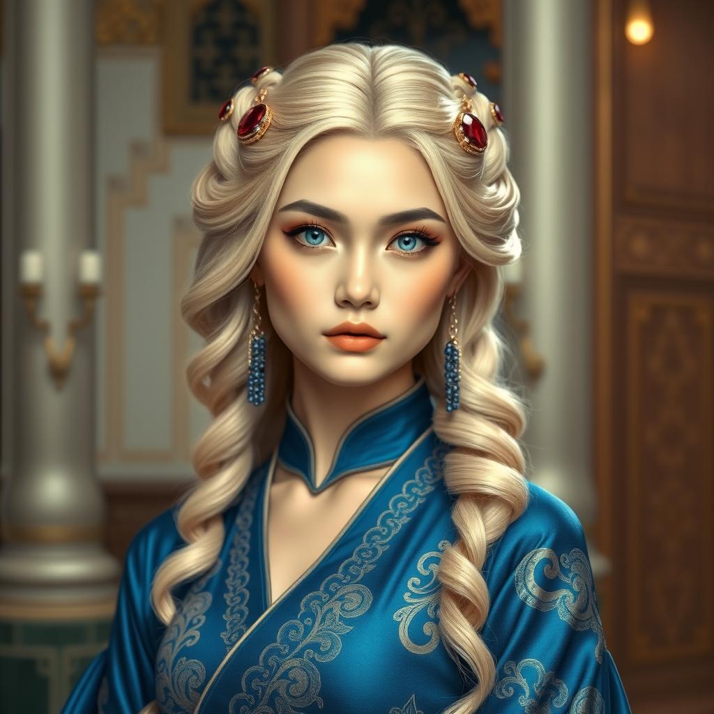 A young noble Chinese woman with striking blonde hair beautifully styled, adorned with gorgeous ruby hair clamps