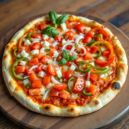 A vibrant and appetizing pizza showcasing a zesty medley of fresh, diced onions, ripe tomatoes bursting with flavor, and colorful strips of vibrant green and red capsicum