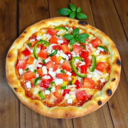 A vibrant and appetizing pizza showcasing a zesty medley of fresh, diced onions, ripe tomatoes bursting with flavor, and colorful strips of vibrant green and red capsicum