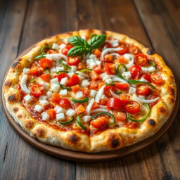 A vibrant and appetizing pizza showcasing a zesty medley of fresh, diced onions, ripe tomatoes bursting with flavor, and colorful strips of vibrant green and red capsicum