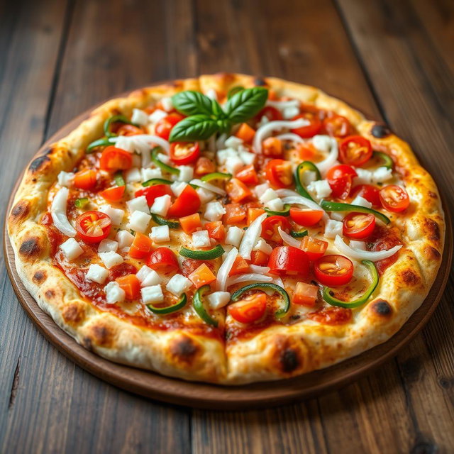 A vibrant and appetizing pizza showcasing a zesty medley of fresh, diced onions, ripe tomatoes bursting with flavor, and colorful strips of vibrant green and red capsicum