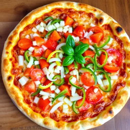 A vibrant and appetizing pizza showcasing a zesty medley of fresh, diced onions, ripe tomatoes bursting with flavor, and colorful strips of vibrant green and red capsicum