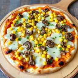 A delectable pizza topped with sweet corn kernels, crunchy dices of onions, and tender, sautéed mushrooms, all generously layered with gooey mozzarella cheese that is perfectly melted and bubbly