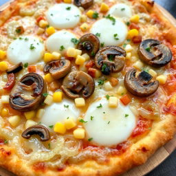 A delectable pizza topped with sweet corn kernels, crunchy dices of onions, and tender, sautéed mushrooms, all generously layered with gooey mozzarella cheese that is perfectly melted and bubbly