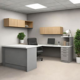 Interior view of a compact real estate office in a 7.5 foot wide and 20 foot deep space, featuring an L-shaped counter and essential office furniture