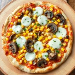 A delectable pizza topped with sweet corn kernels, crunchy dices of onions, and tender, sautéed mushrooms, all generously layered with gooey mozzarella cheese that is perfectly melted and bubbly