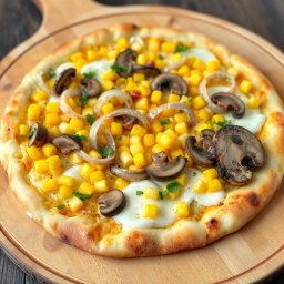 A delightful pizza topped with sweet corn kernels, crunchy sliced onions, and tender sautéed mushrooms, all melted together with creamy mozzarella cheese to create a light, earthy flavor