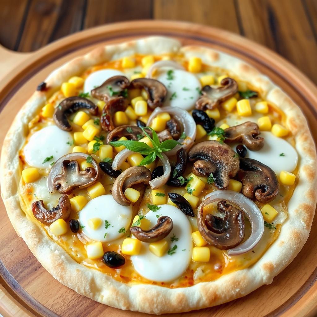 A delightful pizza topped with sweet corn kernels, crunchy sliced onions, and tender sautéed mushrooms, all melted together with creamy mozzarella cheese to create a light, earthy flavor